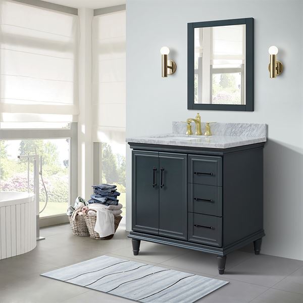 37″ Single Vanity in Dark Gray Finish with White Carrara and Rectangle Sink- Left Door/Left Sink