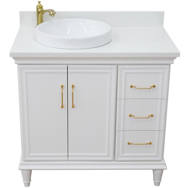 37" Single vanity in White finish with White quartz and round sink- Left door/Left sink