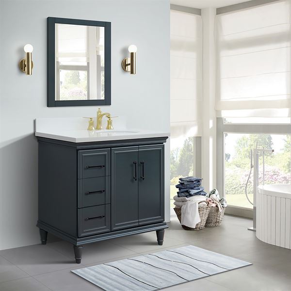 37" Single Vanity in Dark Gray Finish with White Engineered Stone, Oval Sink- Right Door/Right Sink