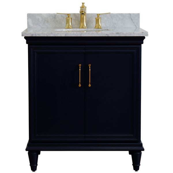 31" Single vanity in Blue finish with White Carrara and oval sink