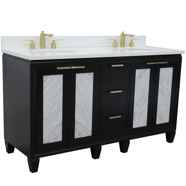 61" Double Sink Vanity in Black Finish With White Quartz and Oval Sink