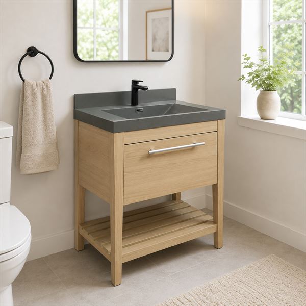31.5″ Single Sink Vanity In Neutral Finish with Gray Composite Granite Top