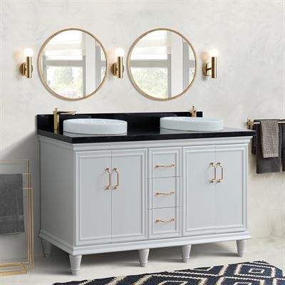61" Double sink vanity in White finish and Black galaxy granite and round sink