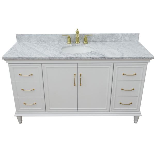 61" Single vanity in White finish with White Carrara and oval sink