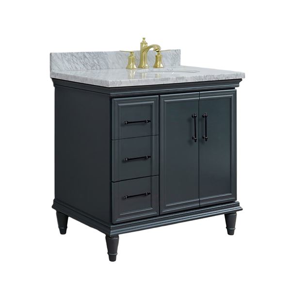 37" Single Vanity in Dark Gray Finish with White Carrara and Oval Sink- Right Door/Right Sink