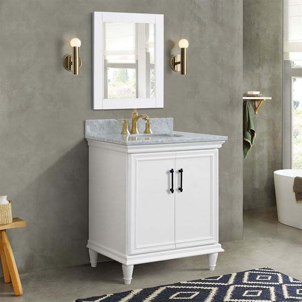 31″ Single Vanity in White Finish with White Carrara and Oval Sink