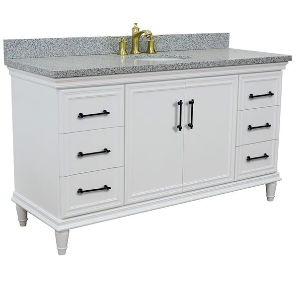 61" Single Vanity in White Finish with Gray Granite and Oval Sink