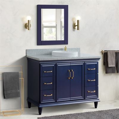 49" Single sink vanity in Blue finish with Gray granite and round sink