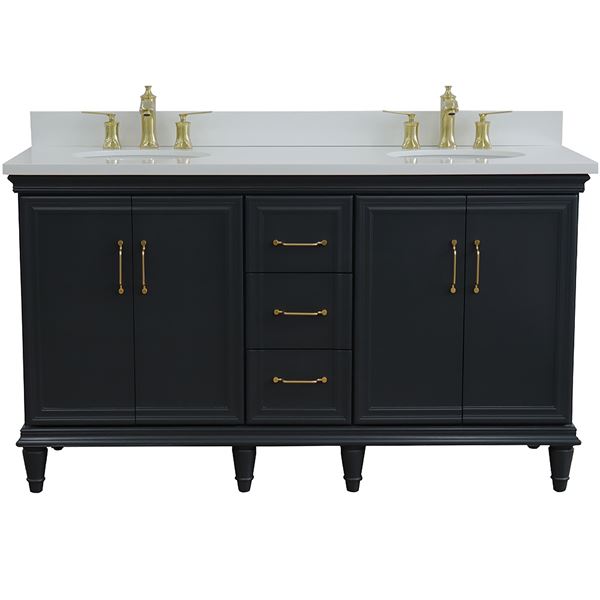 61" Double Sink Vanity in Dark Gray Finish and White Quartz and Oval Sink