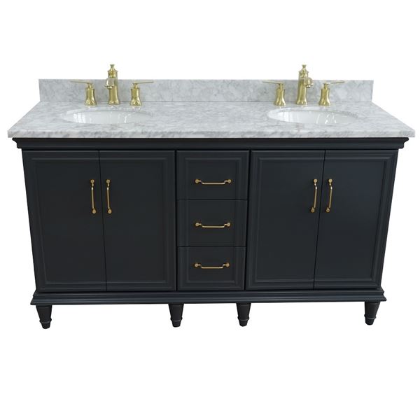 61" Double sink vanity in Dark Gray finish and White carrara marble and oval sink