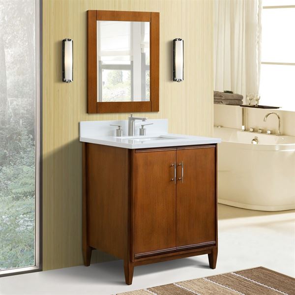 31″ Single Sink Vanity in Walnut Finish with White Quartz with Rectangle Sink
