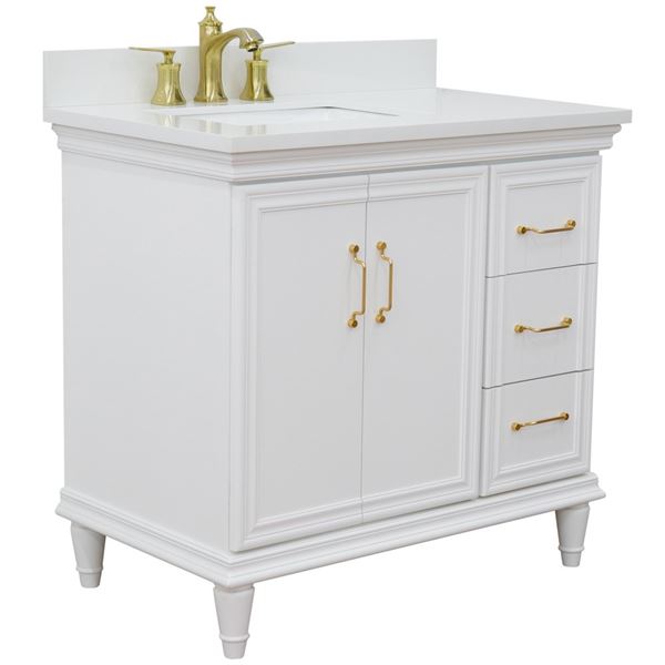 37" Single vanity in White finish with White quartz and rectangle sink- Left door/Left sink