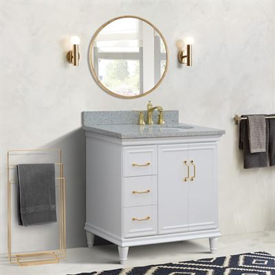 37" Single vanity in White finish with Gray granite and oval sink- Right door/Right sink