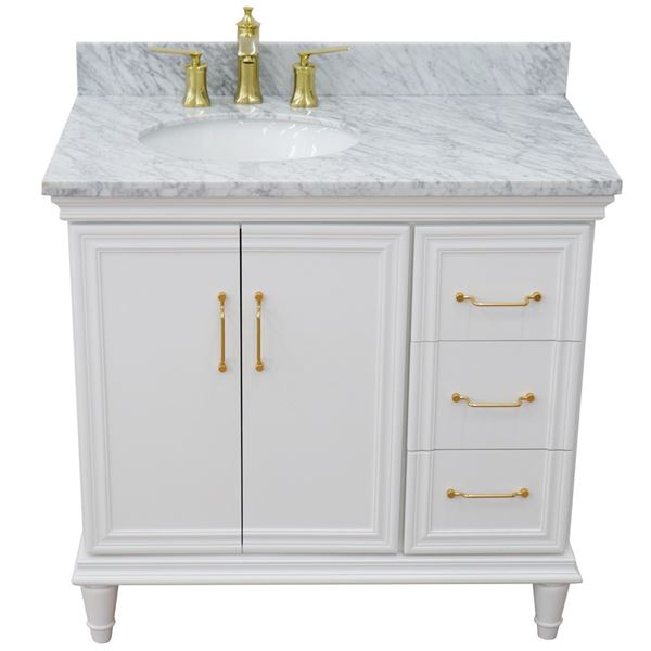 37" Single vanity in White finish with White Carrara and oval sink- Left door/Left sink