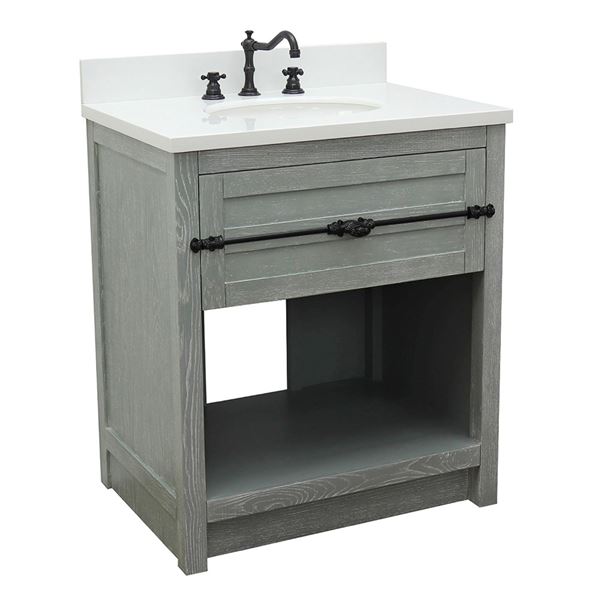 31" Single Vanity in Gray Ash Finish With White Quartz Top and Oval Sink