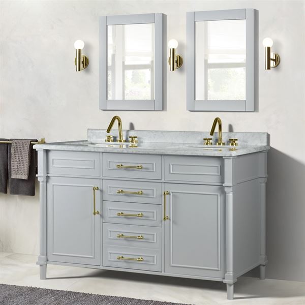 Napa 60 in. Double Vanity in Light Gray with White Carrara Marble Top with Gold Hardware