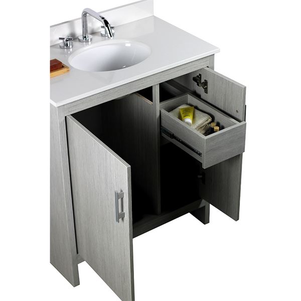 31" Single vanity in Gray Pine finish top with White Quartz and oval sink
