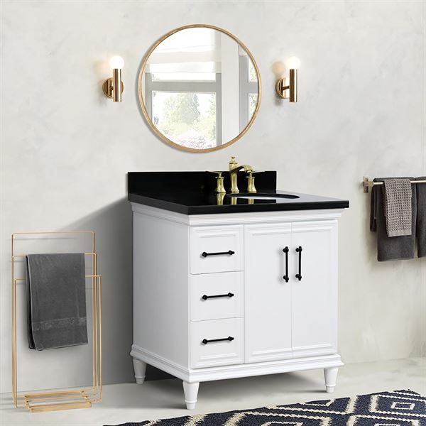 37″ Single Vanity in White Finish with Black Galaxy and Oval Sink- Right Door/Right Sink