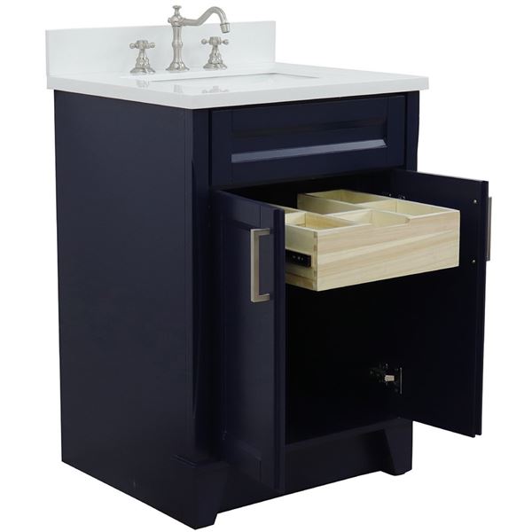 25" Single Sink Vanity in Blue Finish With White Quartz and Rectangle Sink
