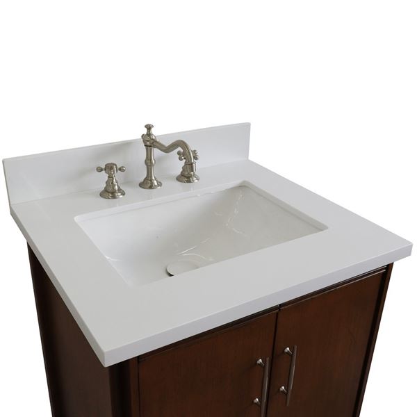 25" Single Sink Vanity in Walnut Finish With White Quartz and Rectangle Sink