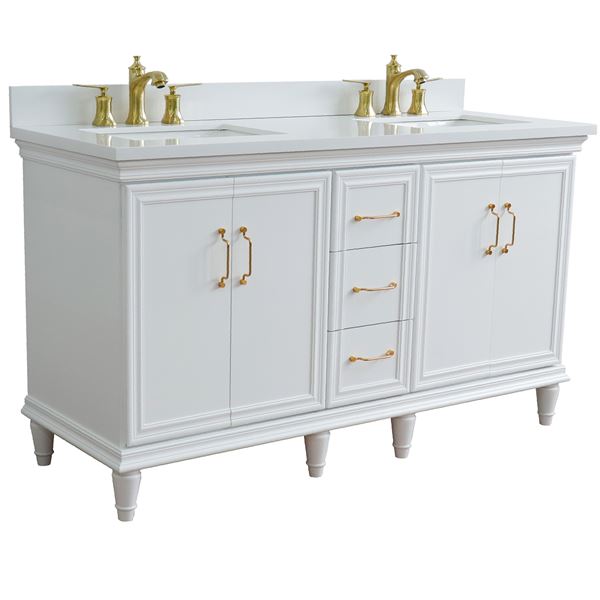 61" Double Sink Vanity in White Finish and White Quartz and Rectangle Sink