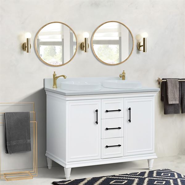 49" Double Vanity in White Finish with White Engineered Stone Top, Round Sinks
