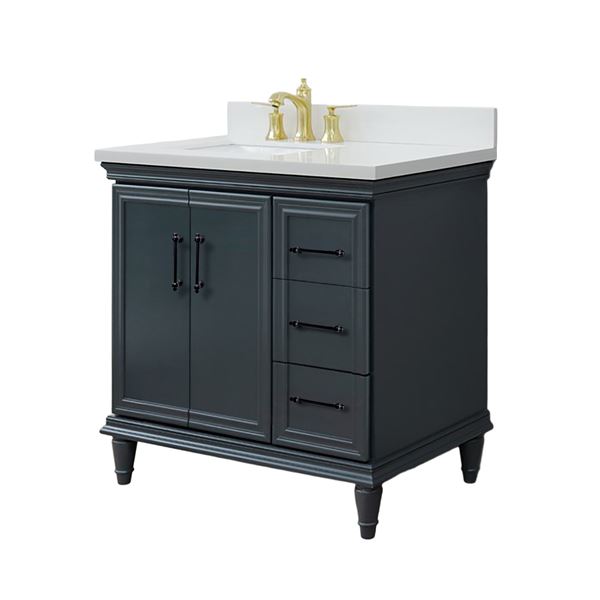 DISCONTINUED : 37" Single Vanity in Dark Gray Finish, White Engineered Stone, Rectangle Sink