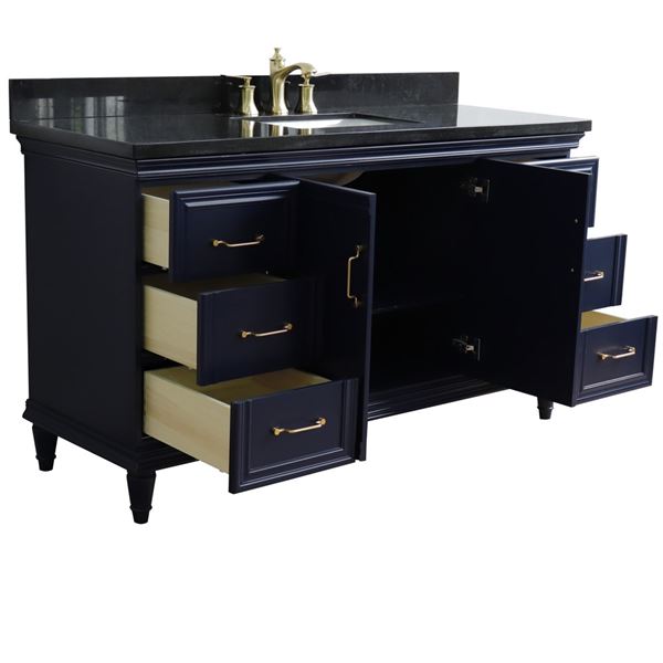 61" Single sink vanity in Blue finish and Black galaxy granite and rectangle sink