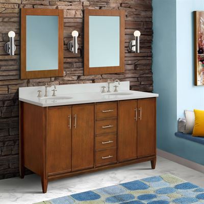 61" Double Sink Vanity in Walnut Finish With White Quartz and Oval Sink