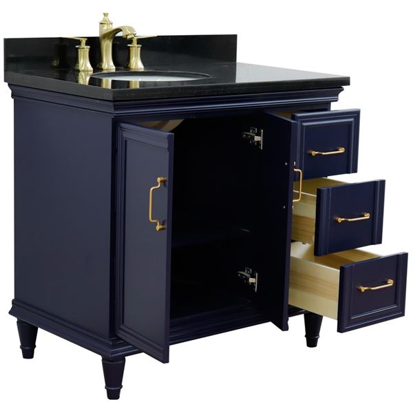 37" Single vanity in Blue finish with Black galaxy and oval sink- Left door/Left sink