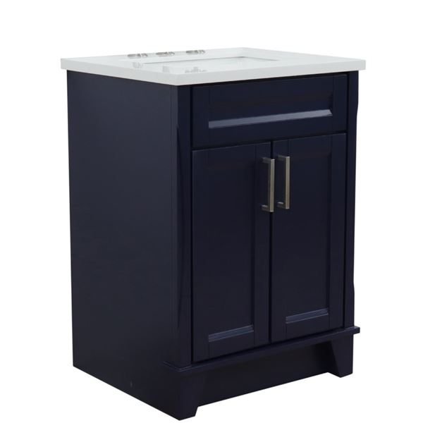 25" Single Sink Vanity in Blue Finish With White Quartz and Rectangle Sink
