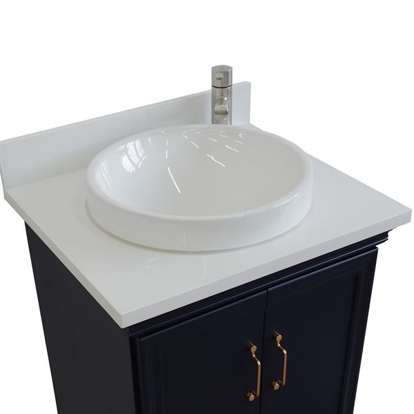 25" Single vanity in Blue finish with White quartz and round sink