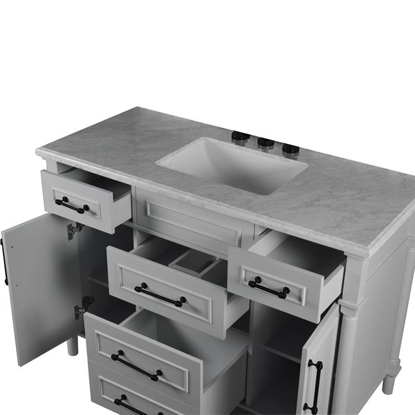 Napa 48 in. Single Vanity in Light Gray with White Carrara Marble Top with Black Hardware