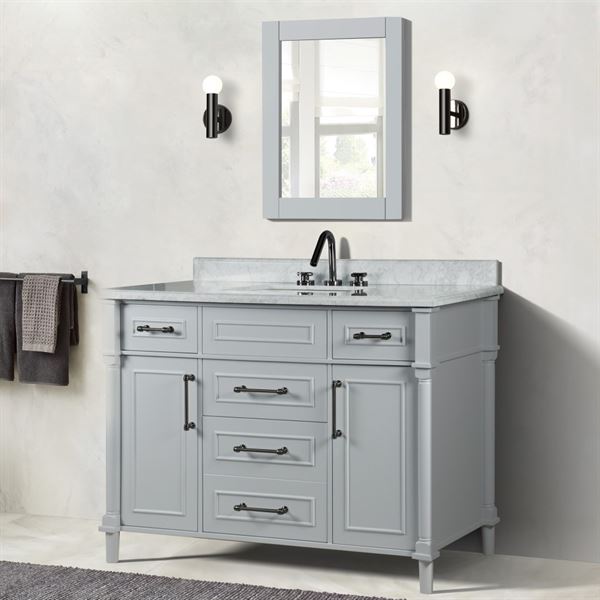 Napa 48 in. Single Vanity in Light Gray with White Carrara Marble Top with Black Hardware