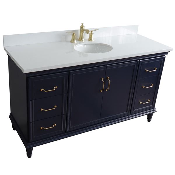 61" Single sink vanity in Blue finish and White quartz and oval sink