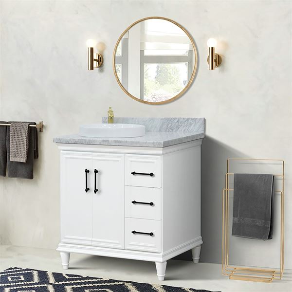 37″ Single Vanity in White Finish with White Carrara and Round Sink- Left Door/Left Sink