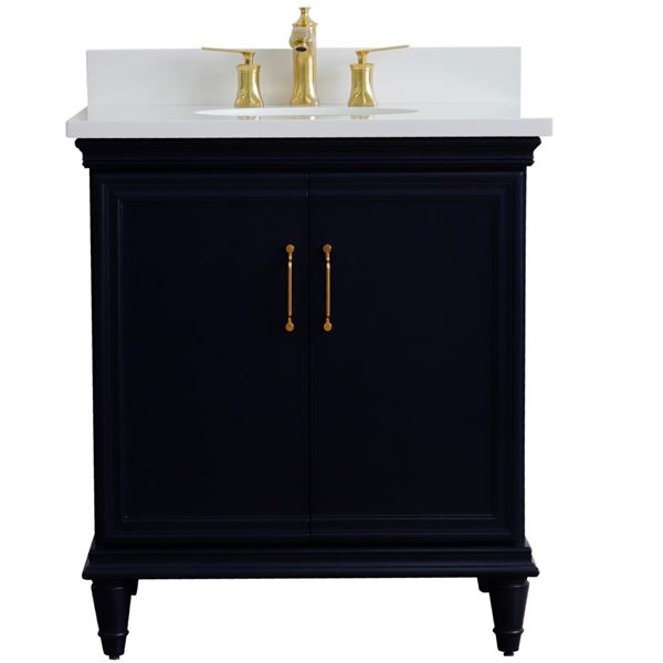 31" Single Vanity in Blue Finish With White Quartz and Oval Sink