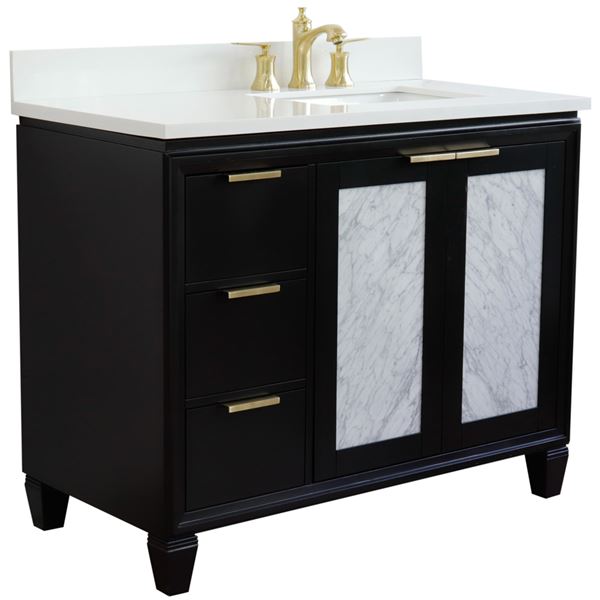 43" Single Vanity in Black Finish With White Quartz and Rectangle Sink- Right Door/Right Sink