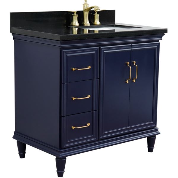 37" Single vanity in Blue finish with Black galaxy and rectangle sink- Right door/Right sink