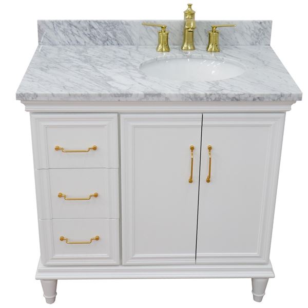 37" Single vanity in White finish with White Carrara and oval sink- Right door/Right sink