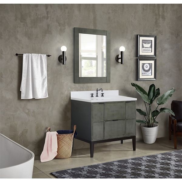 37″ Single Vanity in Linen Gray Finish with White Quartz Top and Oval Sink
