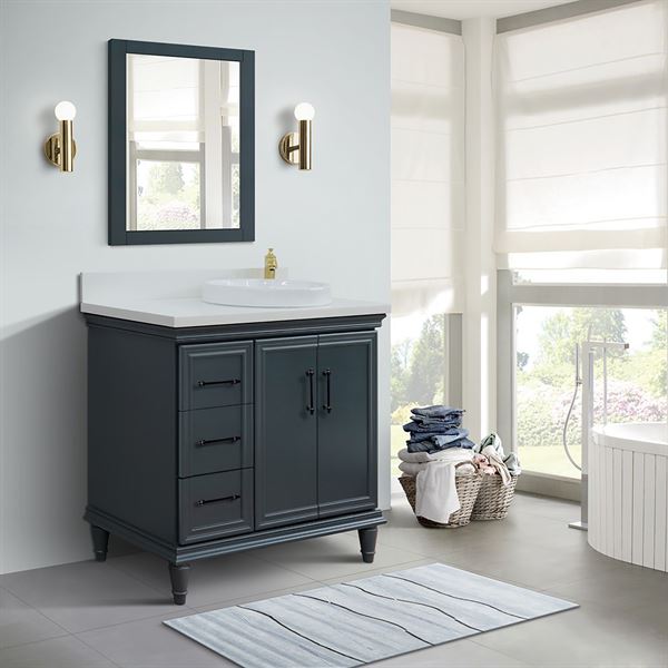 37" Single Vanity in Dark Gray Finish with White Engineered Stone, Round Sink- Right Door/Right Sink