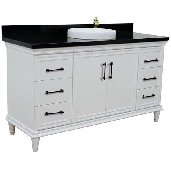 61" Single Vanity in White Finish with Black Galaxy and Round Sink