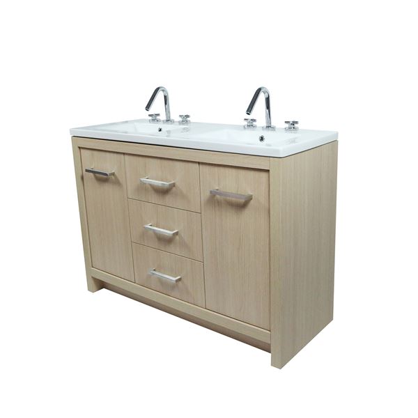 48" Double Sink Vanity In Neutral Finish with White Ceramic Top