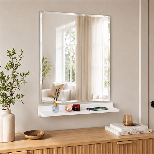 24" White Wireless Charging Shelf and Frameless Mirror Set