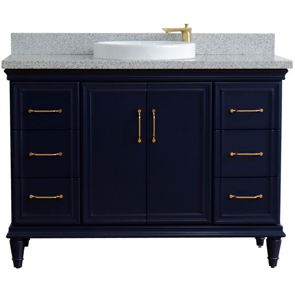 49" Single sink vanity in Blue finish with Gray granite and round sink