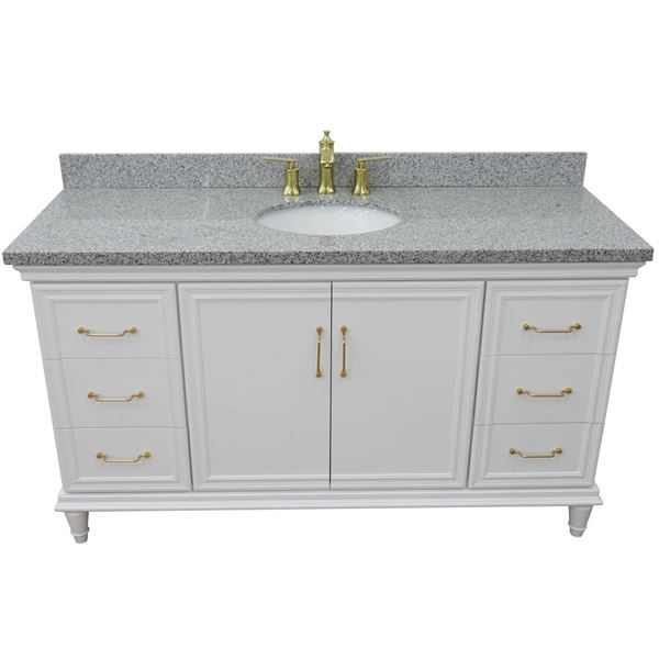 61" Single vanity in White finish with Gray granite and oval sink