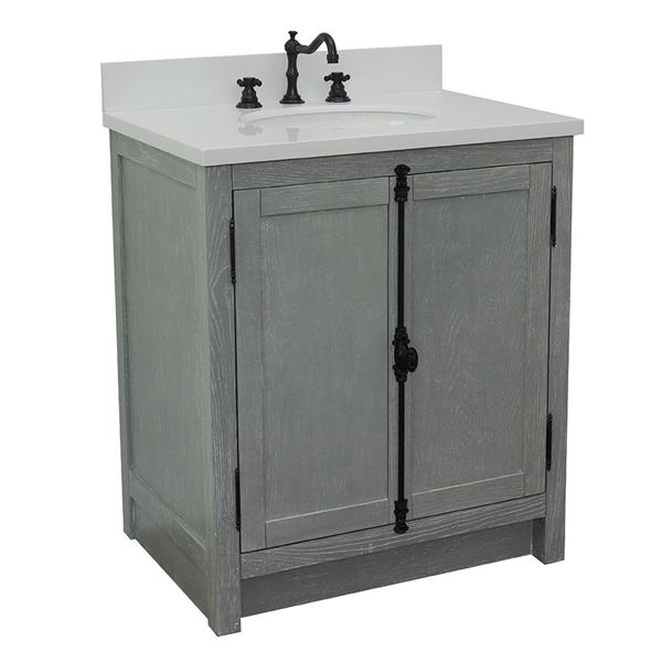31" Single Vanity in Gray Ash Finish With White Quartz Top and Oval Sink
