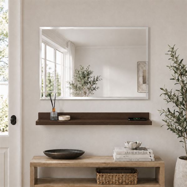 30" Rustic Wood Wireless Charging Shelf and Frameless Mirror Set