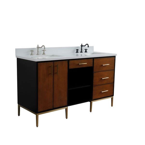 61" Double Sink Vanity in Walnut and Black Finish and White Quartz and Rectangle Sink